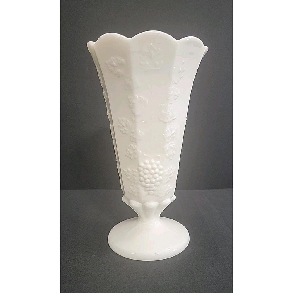 Vintage Westmoreland Milk Glass Footed Vase, Paneled Grape Pattern, 9"